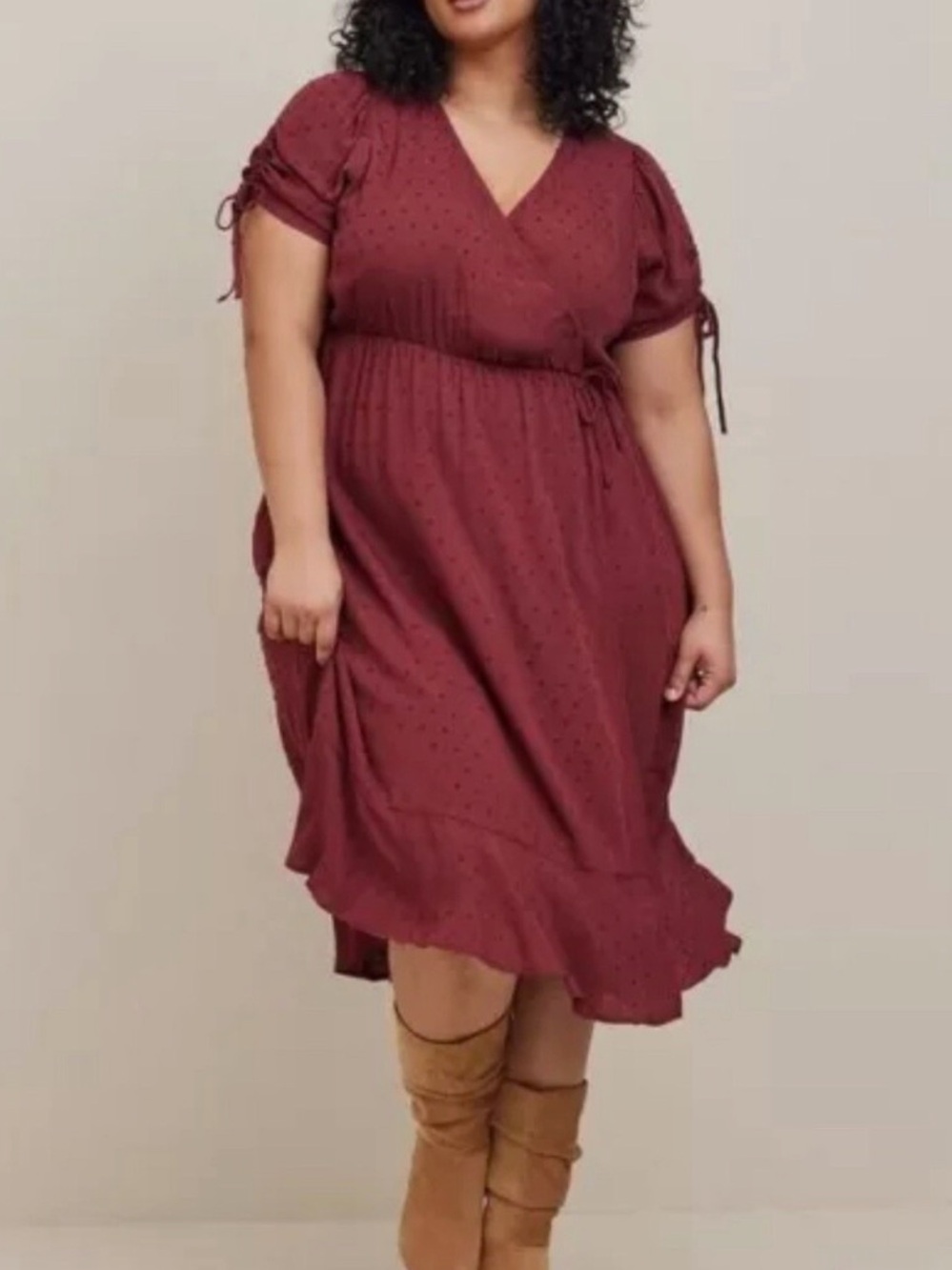 Torrid Women’s 1 (14/16) Dress – Maroon Clip Dot Surplice Flowy Look